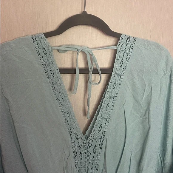 Lovestitch small blue lace crochet smocked dress rayon v neck tie back - Picture 7 of 8